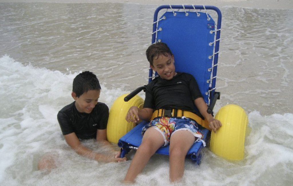 A beach wheelchair makes beach-going possible for
the mobility impaired.