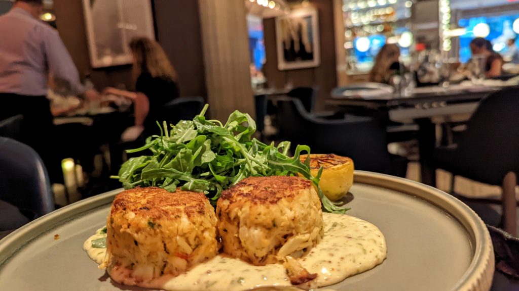 Broiled crab cakes in a remoulade sauce from the Loews Regency Bar & Grill in New York