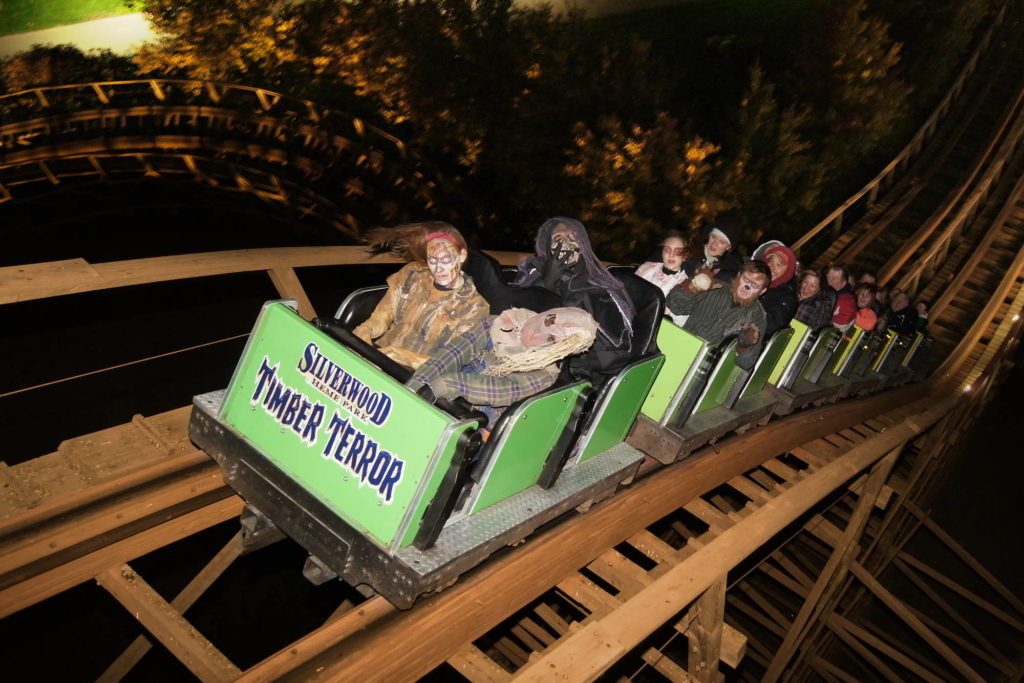Timber Terror coaster goes backward as part of the Halloween fun in Idaho at Scarywood, the Silverwood theme park in Coeur d'Alene, Idaho. Photo c. Silverwood.