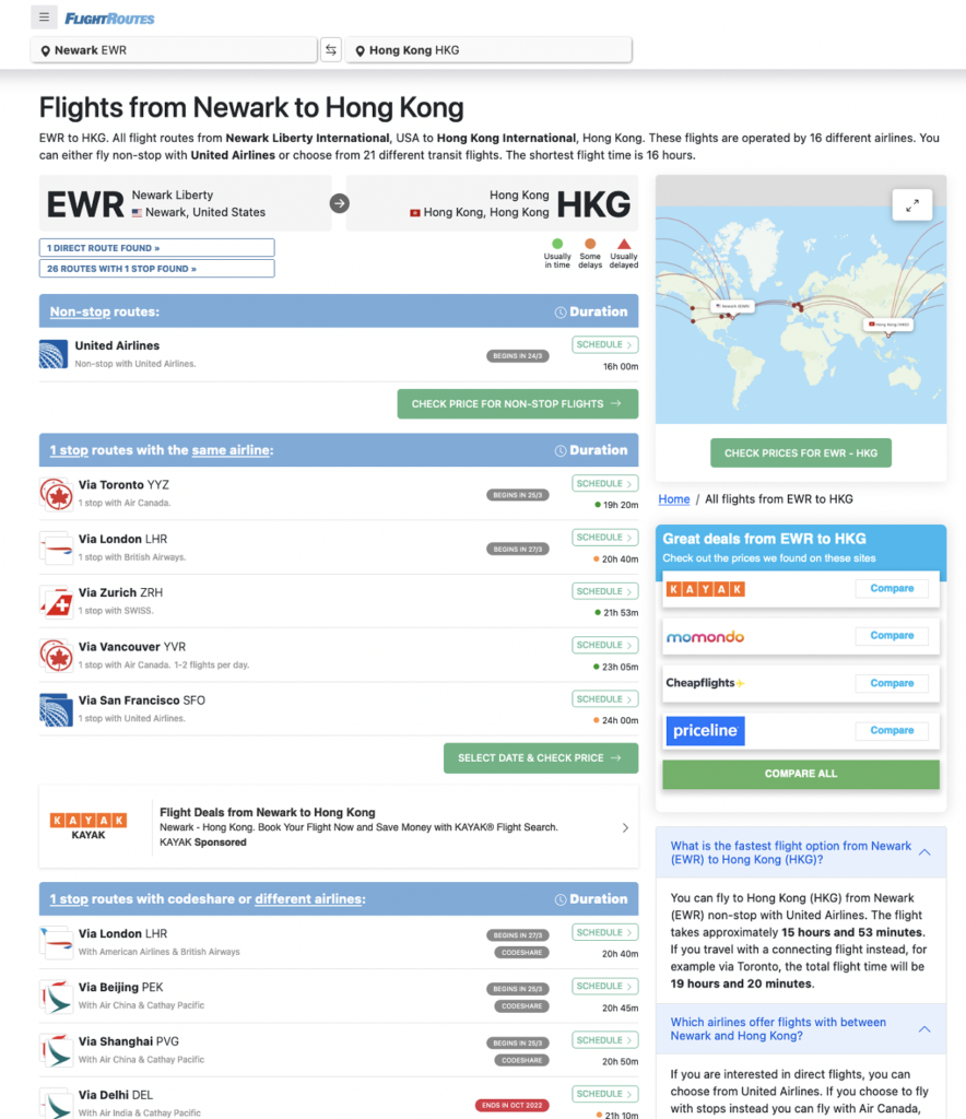 Flightroutes.com search results for all flights between Newark, NJ and Hong Kong Airports.