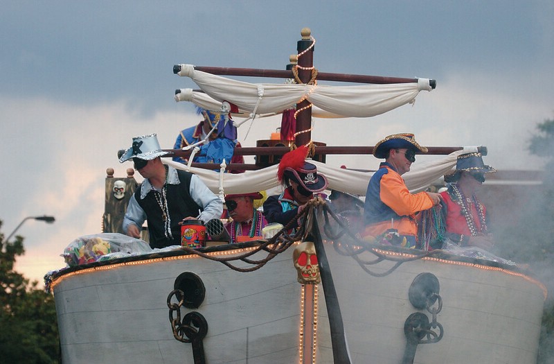 Krewe of Lafitte Pirate themed float in the Pensacola Mardi Gras Parade. Photo c. VisitPensacola.com