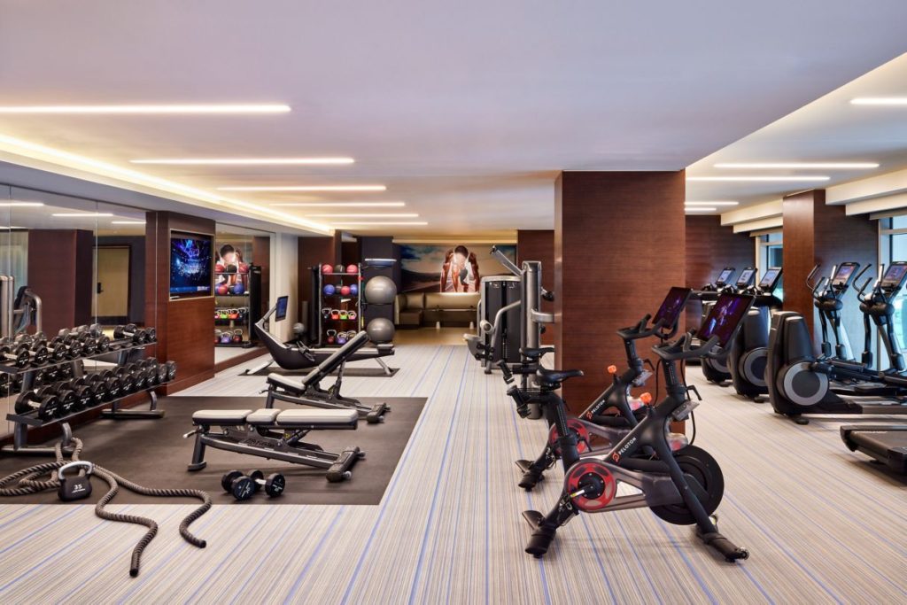 Well equipped fitness room for working out at the JW Marriott Anaheim Resort.