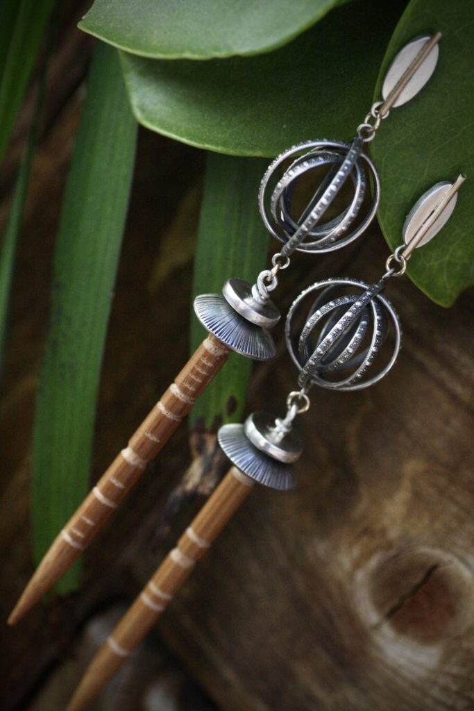 Hand carved bamboo earrings. Sterling Silver and 14KY Gold. Hand fabricated by Lindsey Scot Ernst