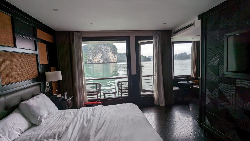 Deluxe cabin aboard Ambassador Cruise Halong Bay I as it sails in Vietnam's Halong Bay.