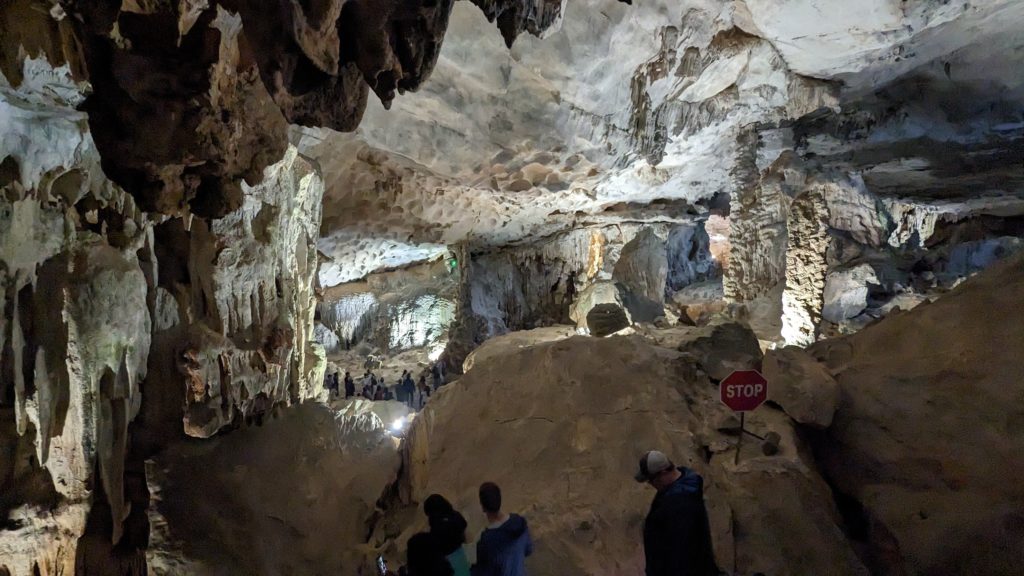 Ambassador Cruise passengers descend into Sun Sat Cave in Halong Bay for sightseeing.