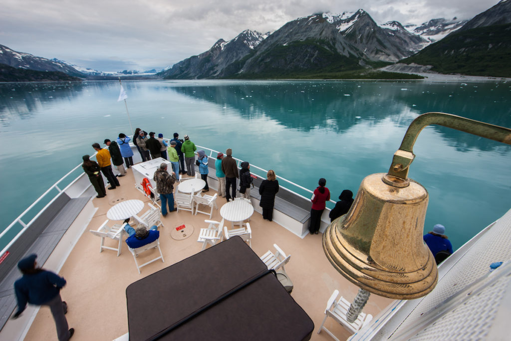 View of Alaska from the bow of UnCruise Adventures' Wilderness Explorer ship.