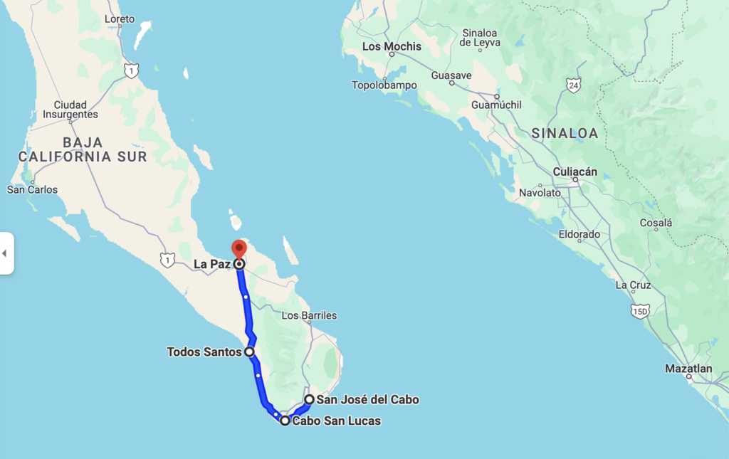 Map of the Baja California Sur peninsula with the route marked between San Jose del Cabo, Cabo San Lucas, Todos Santos and La Paz.
