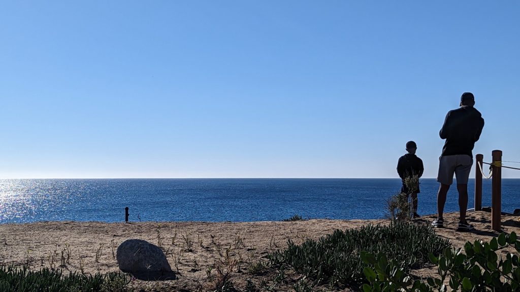 Father and son taking pictures overlooking the water at San Jose del Cabo.