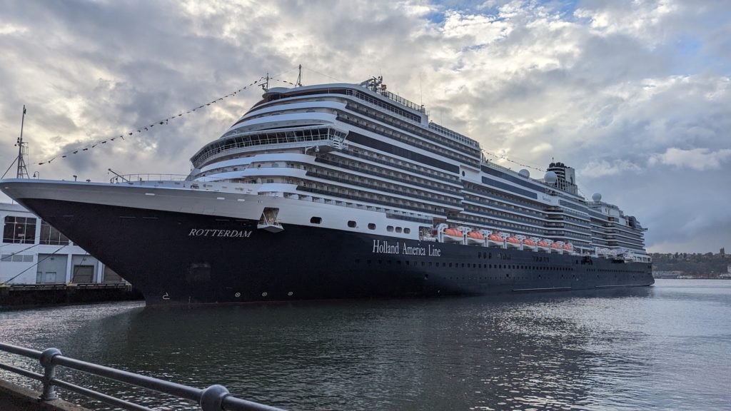 The Holland American Line flagship M.S. Rotterdam in port in Holland. Photo c. Ron Bozman/Spring Hill Prods.