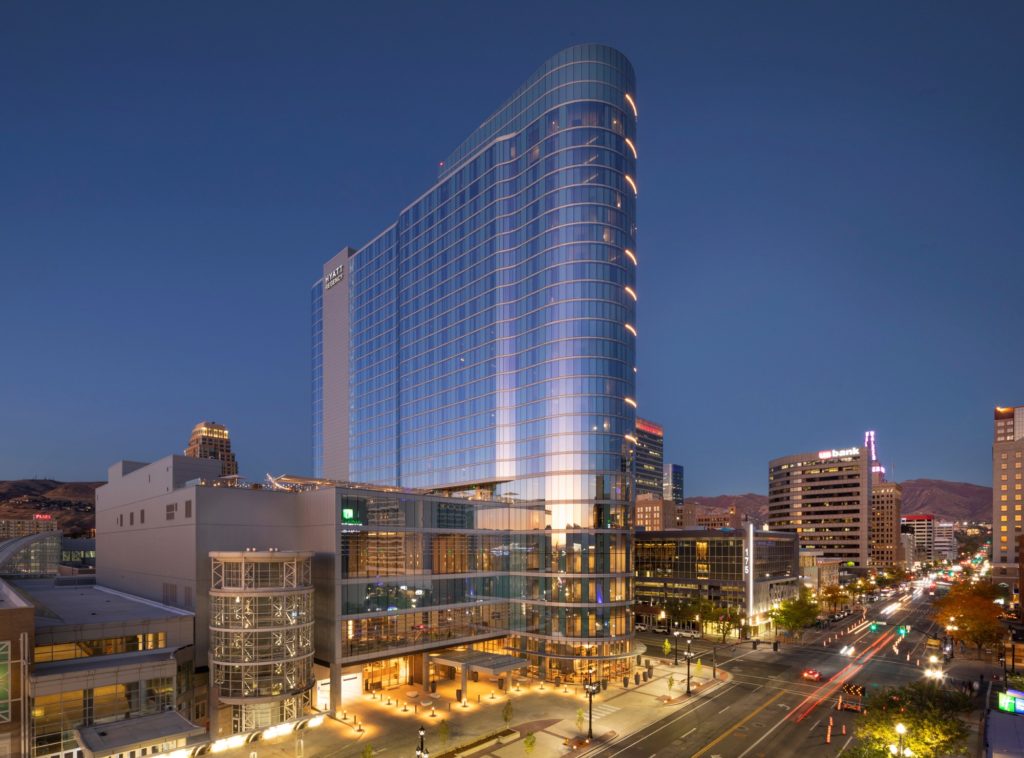 Hotel tower of the Salt Lake City Hyatt Regency in the center of Salt Lake City, Utah.