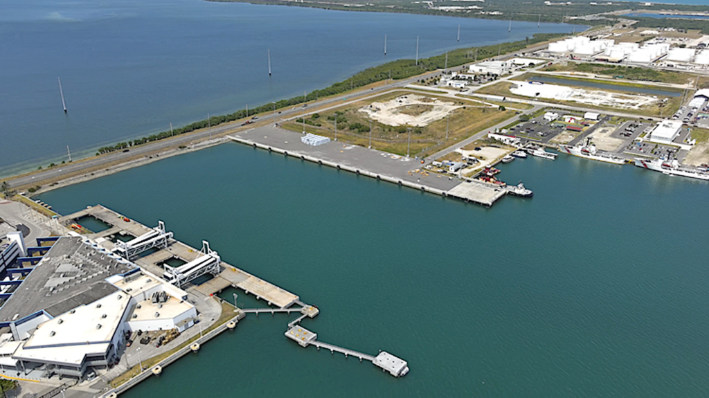 Aerial view of the new cruise terminal planned for North Berth 8 at Port Canaveral near Orlando. The expansion is expected to meet the growing demands of cruise tourism, new passengers and sustainable environmental practices. Photo c. Canaveral Port Authority