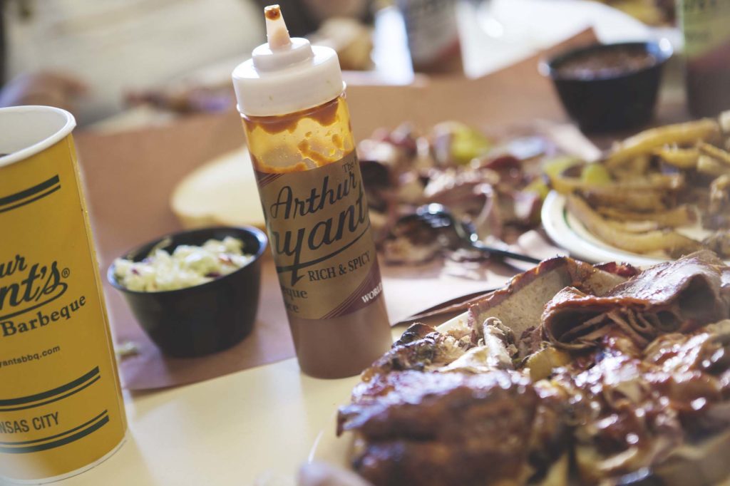 Beef brisket is a favorite at Arthur Bryant's Barbeque, where you can top any dish with a variety of sauces. Photo c. VisitKC