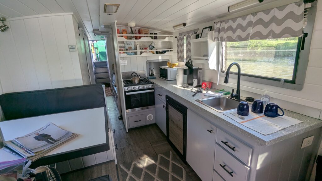 The compact kitchen is well stocked on an Erie Canal Adventures barge.