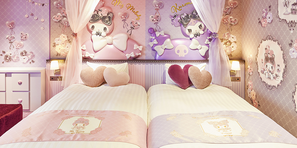 My Melody and Kuromi twin bedded room at Keio Plaza Hotel Hachioji. Photo c. Keio Plaza Hotel.