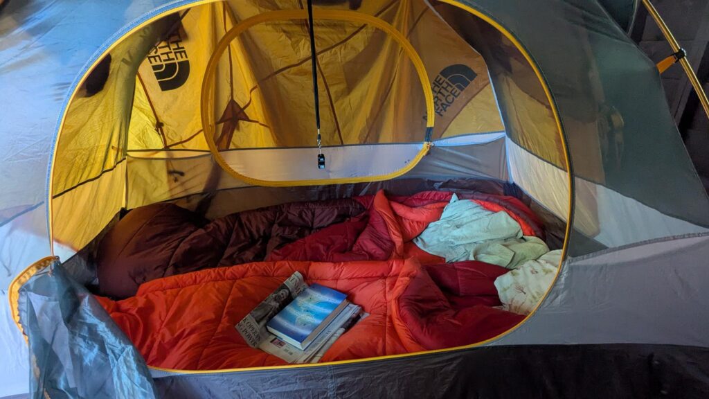 Tent, sleeping bags and a stack of comfy sleeping mats borrowed from the Corman AMC Harriman Outdoors Center. 