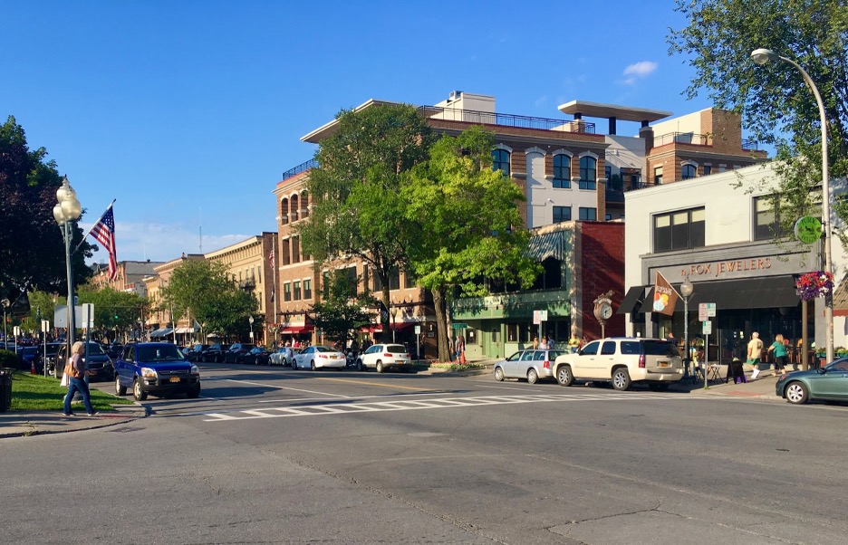 Broadway is the main strolling street in family-friendly Saratoga Springs NY. Photo c. Ralph Spielman