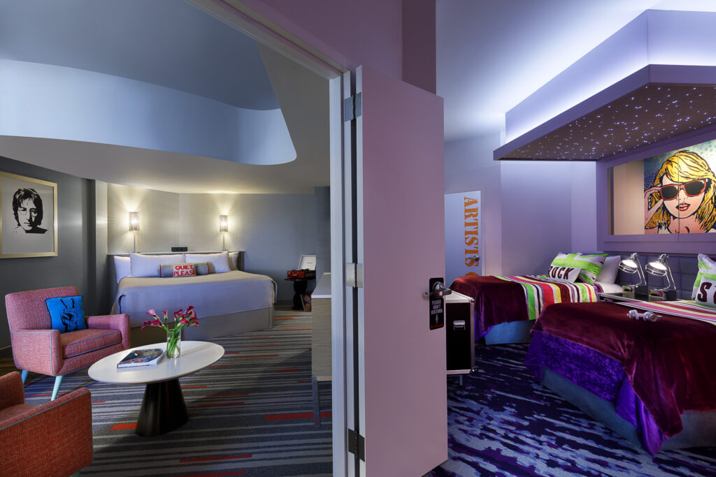 Universal’s Hard Rock Hotel boasts TikToking Future Rock Star Suites to inspire creativity in the kids. Photo c. Universal Orlando Resort