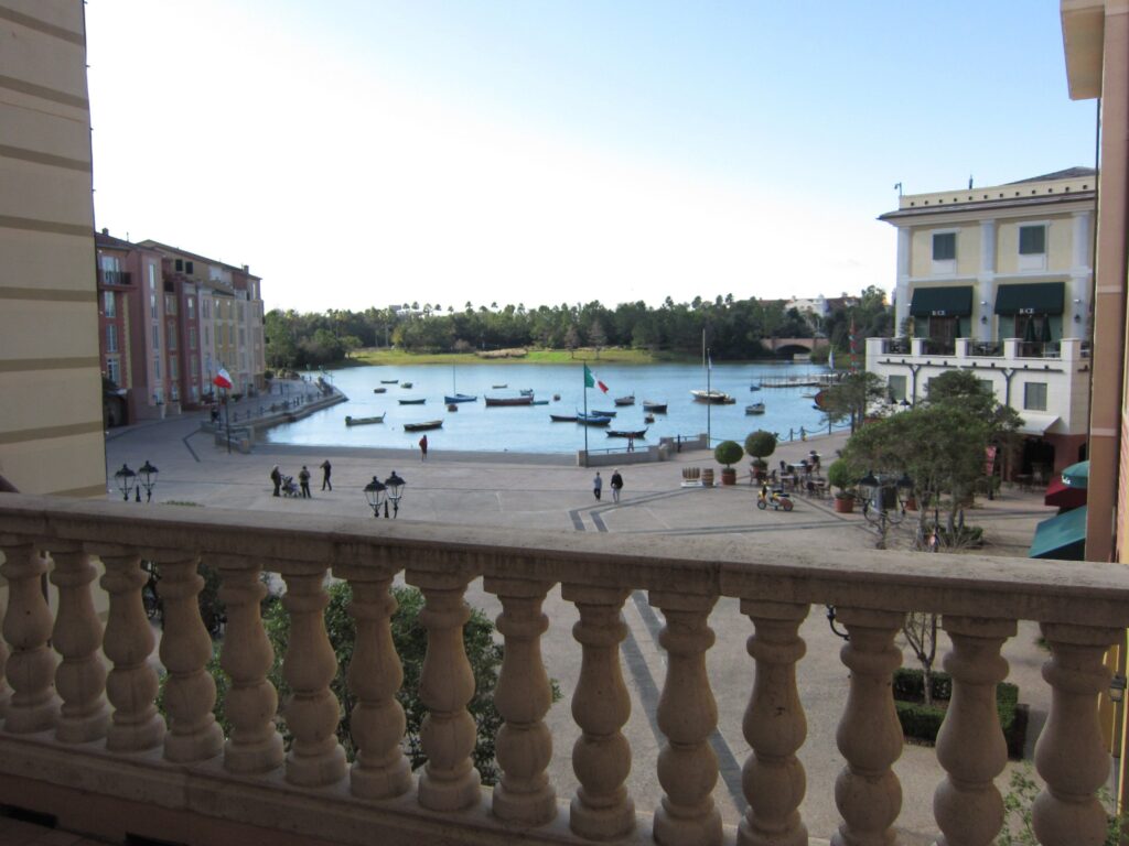 View of the harbor at Portofino Bay from a balconied bayview room. 