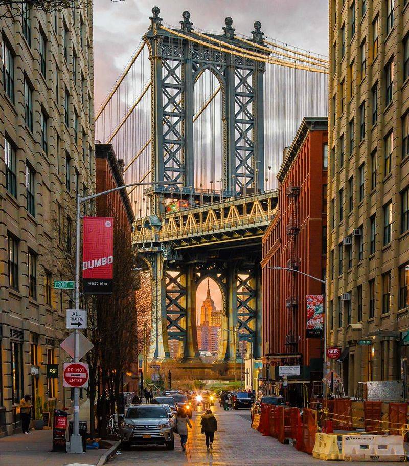 Manhattan Bridge Framed Through the Streets of DUMBO
