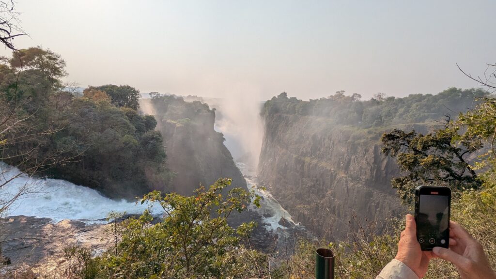 Victoria Falls, the 'Smoke that Thunders' seen from the Zimbabwe national park.