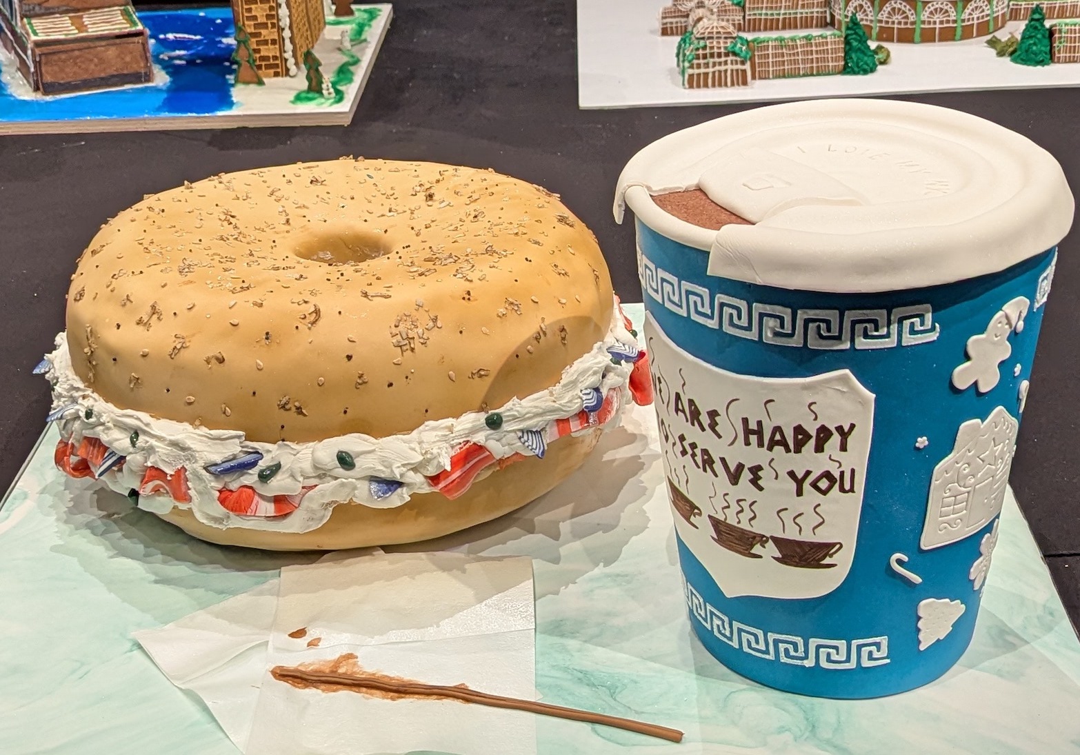 "Cawfee and a Bagel" gingerbread creation by Juliet Galea illustrates one of New York's top holiday attractions.