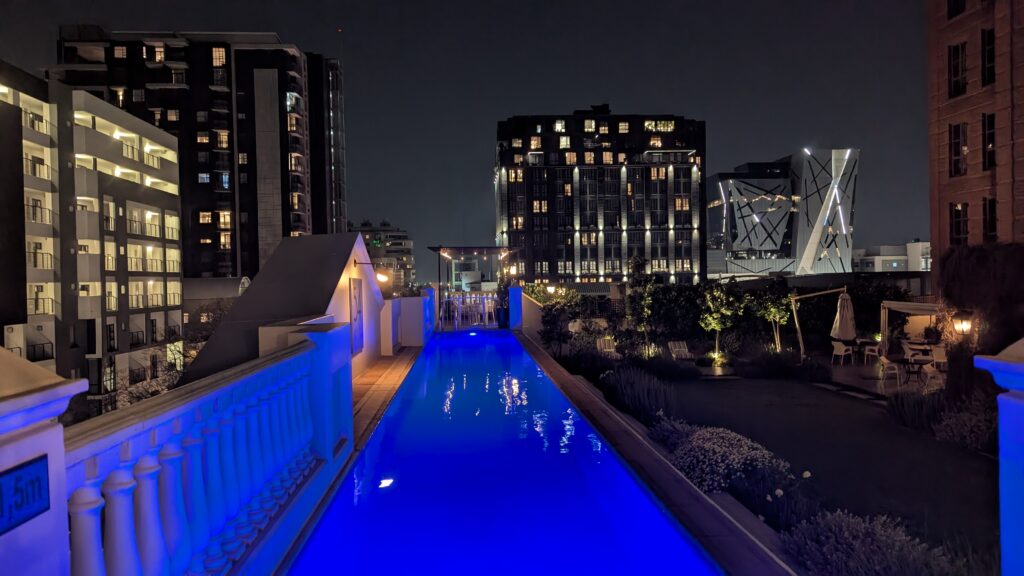 Stylish Hotel 54 on Bath in Johannesburg has an illuminated, zero entry pool.