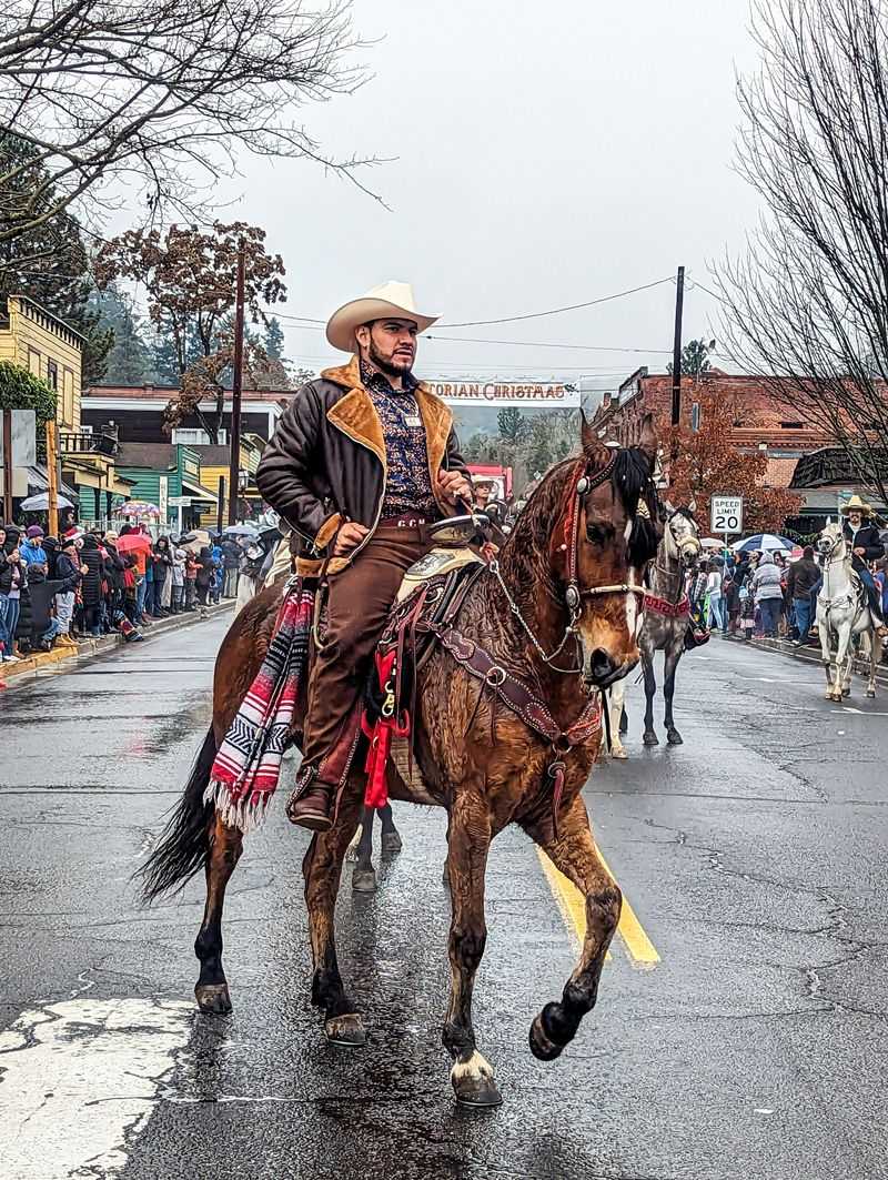 Holiday Trolley Rolling Past Gold Rush Blocks