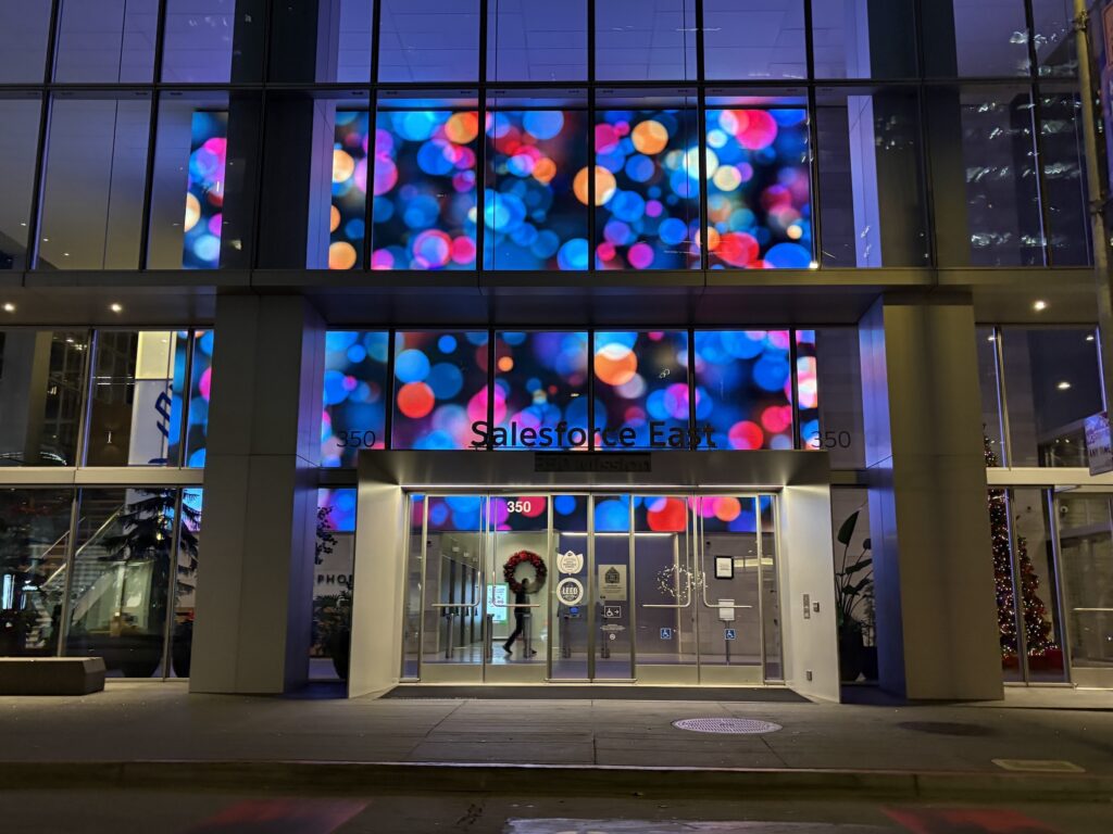 The Salesforce Tower in downtown SF is part of the Illuminate SF Light Trail, a free family attraction.