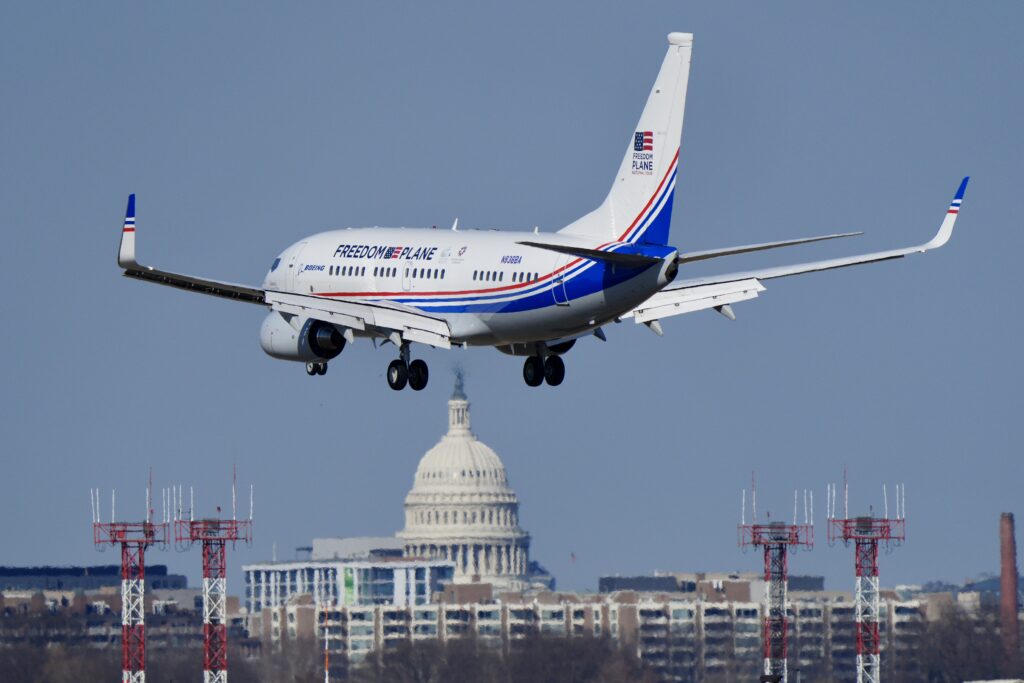 Freedom Plane carrying priceless documents is decked out in patriotic colors. Photo c. NARA.gov