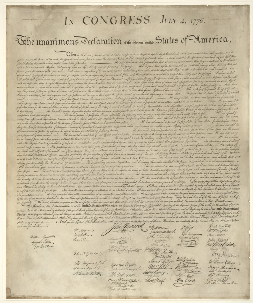 Stone engraving of the Declaration of Independence. c. US National Archives and Records Administration