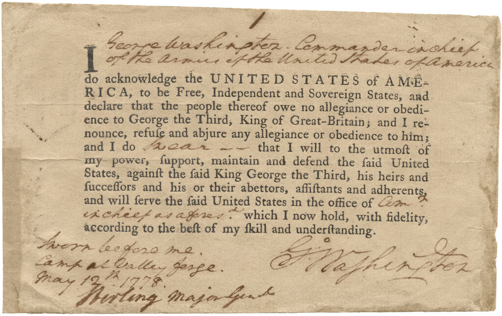 George Washington's Oath of Allegiance. c. War Department Collection of Revolutionary War Records