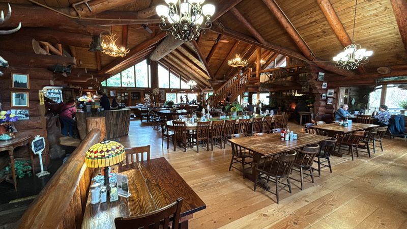 Antler Chandeliers and Fireplace Warmth Inside