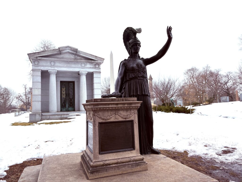 Minerva statue commemorates Battle of Brooklyn at Green-Wood Cemetery.