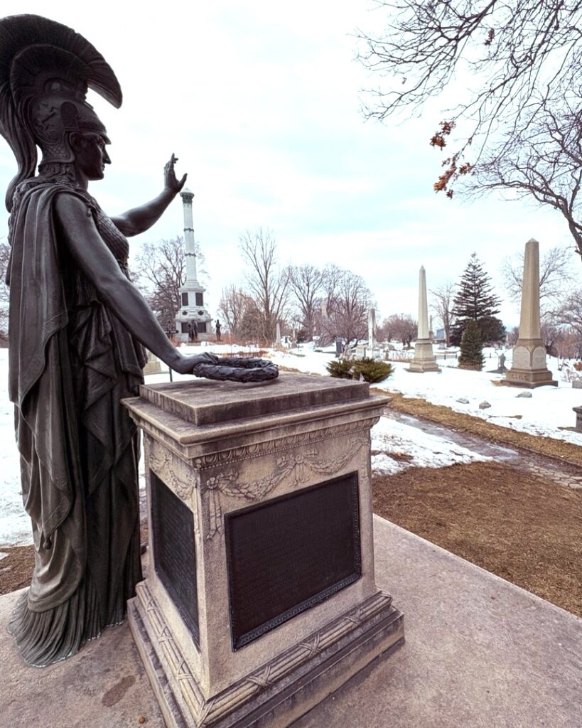 This statue of Minerva, goddess of war, honors those slain on Battle Hill in Green-Wood Cemetery.