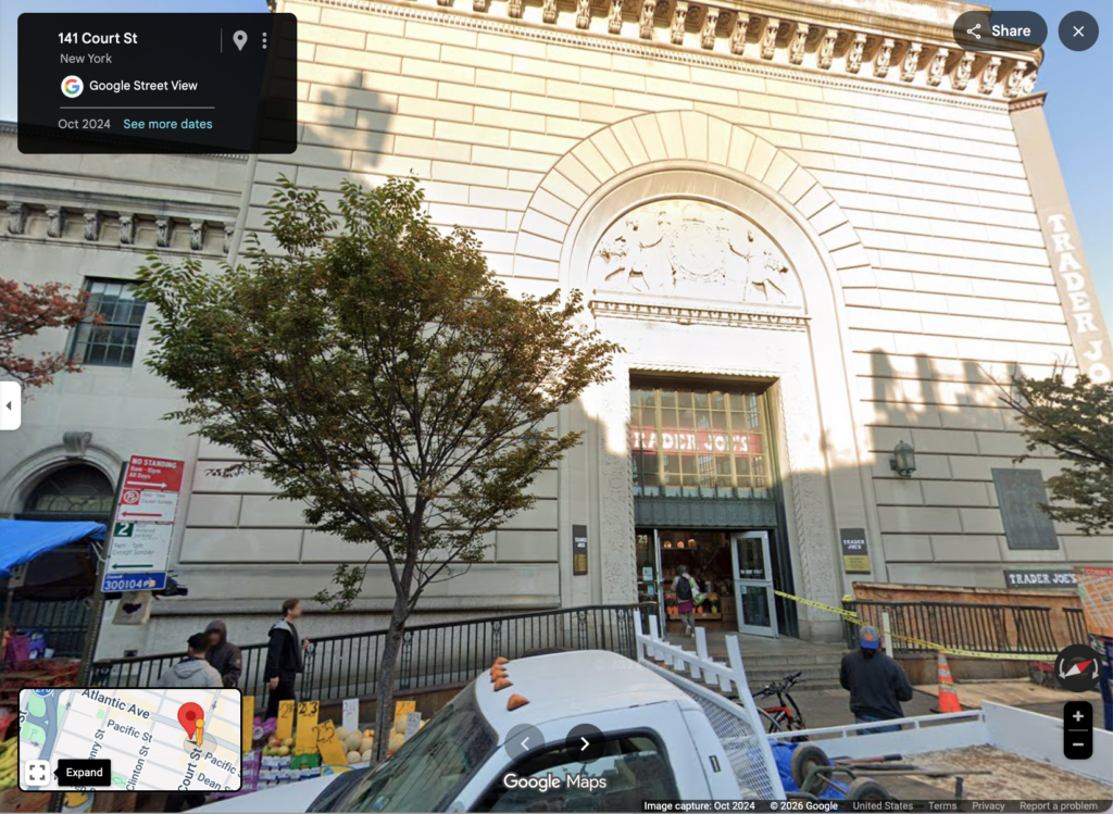 Streetview look at the Trader Joe's in Cobble Hill that's one of Brooklyn's historic attractions. Photo c. Google Streetview