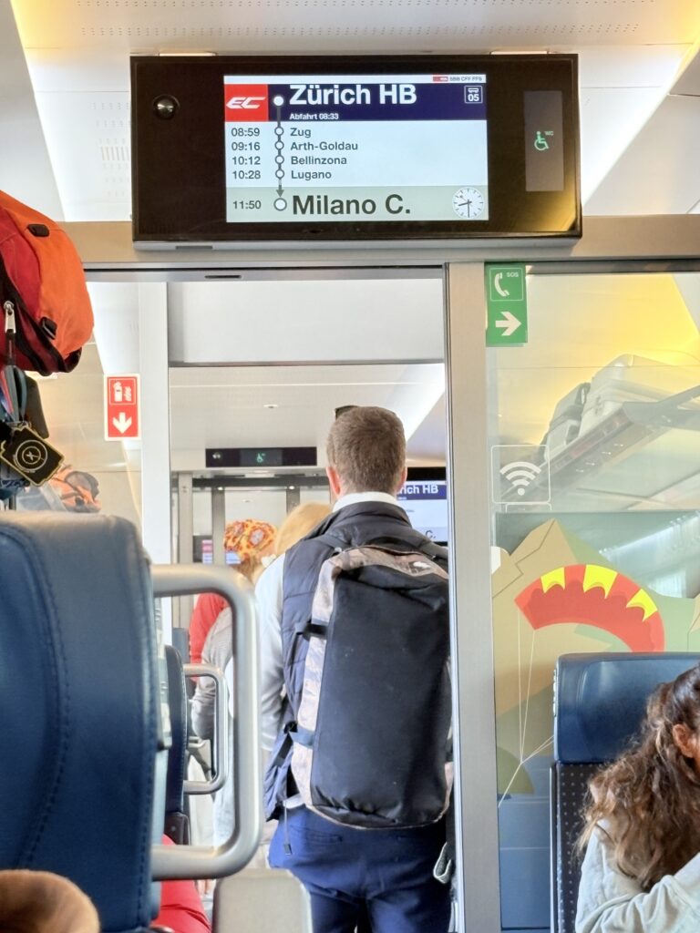 Some European trains display upcoming stations and arrival times live.