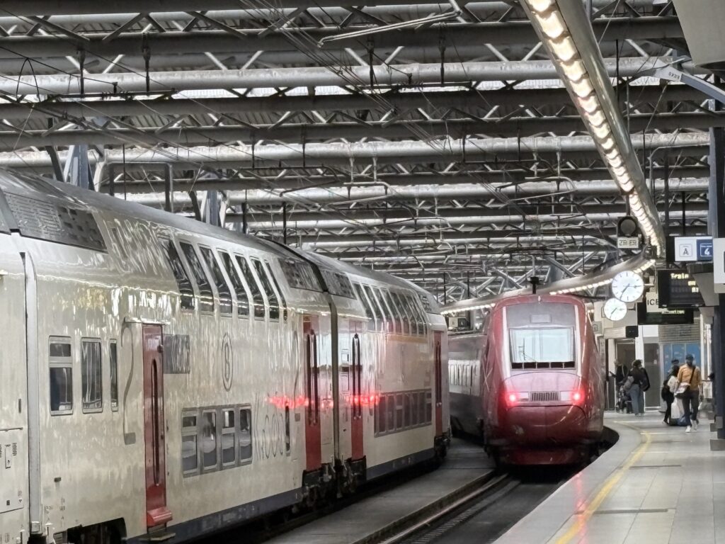 ICE train pulling into the Brussels train station.