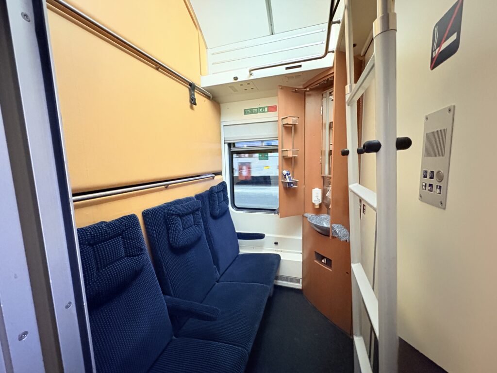 Three bunk couchette on Austrian Railways OBB NightJet, an overnight train.