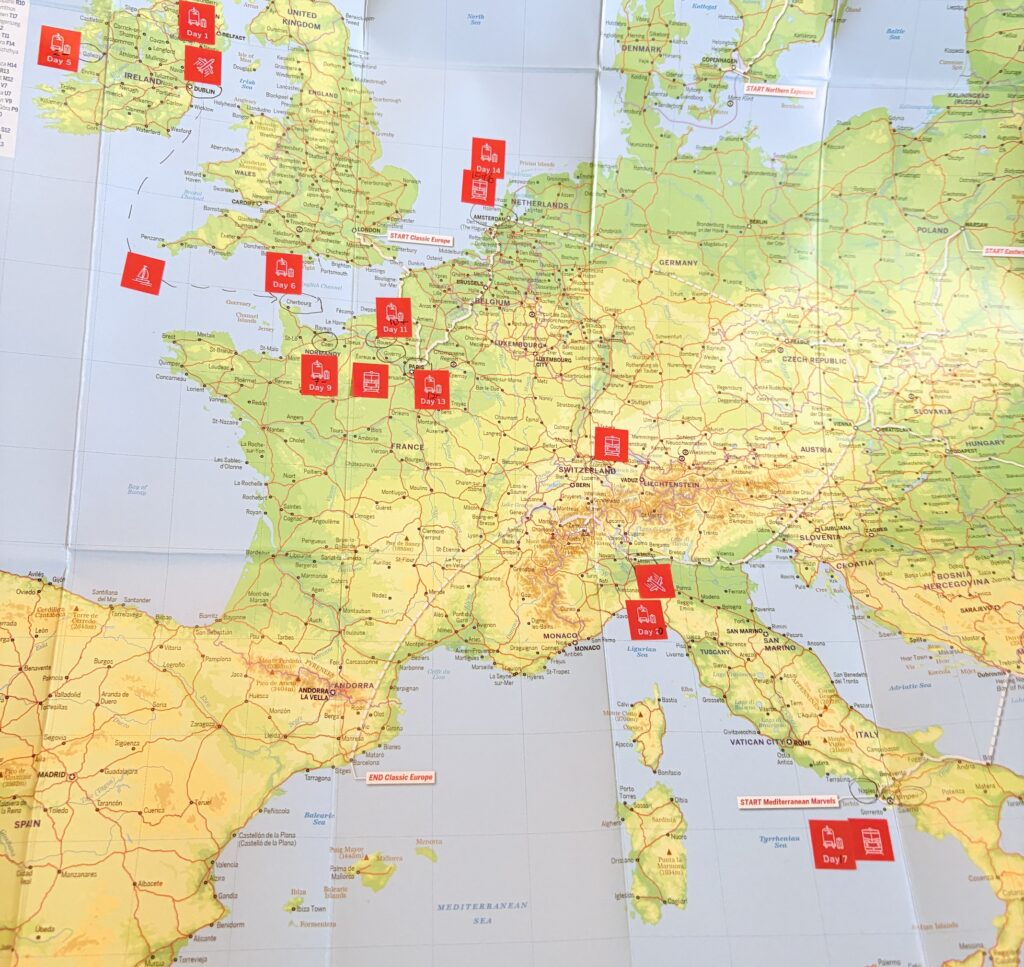 Our Lonely Planet Europe map marked with planned train stops!