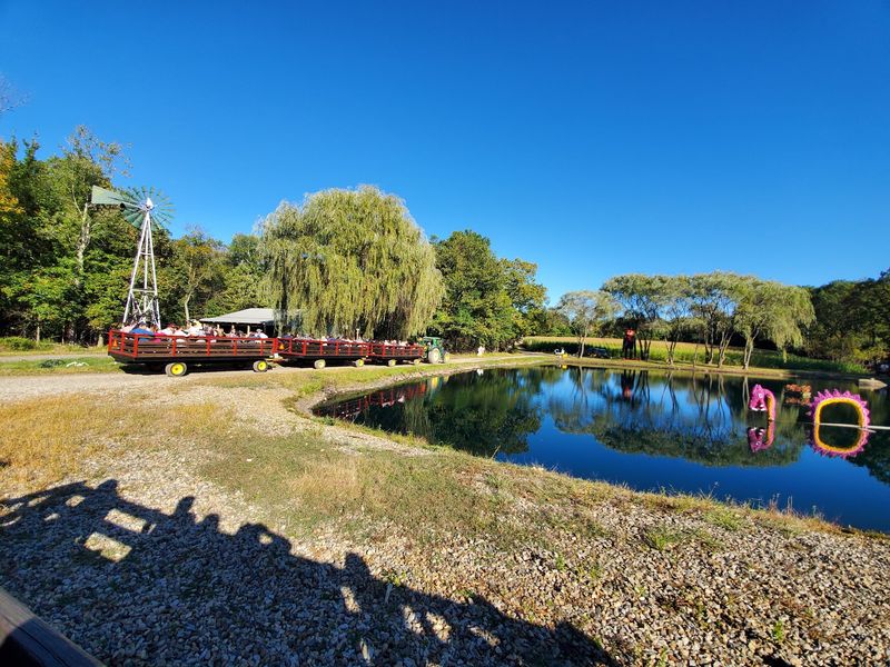 Hayrides Rolling Past a Pond and a Row of Willow Trees