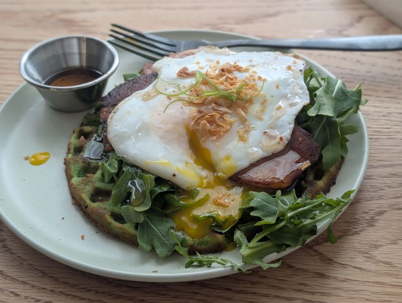 Green Waffles Topped With Pork Belly Are The Real Showstopper