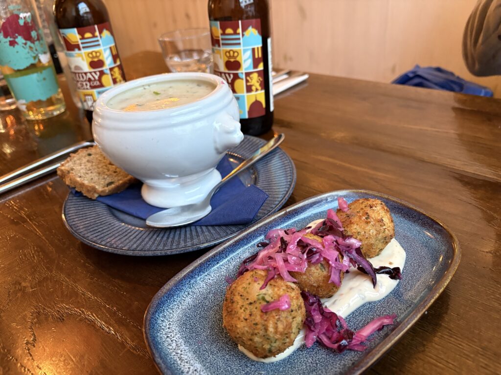 Fish croquettes and clam chowder at Hooks.